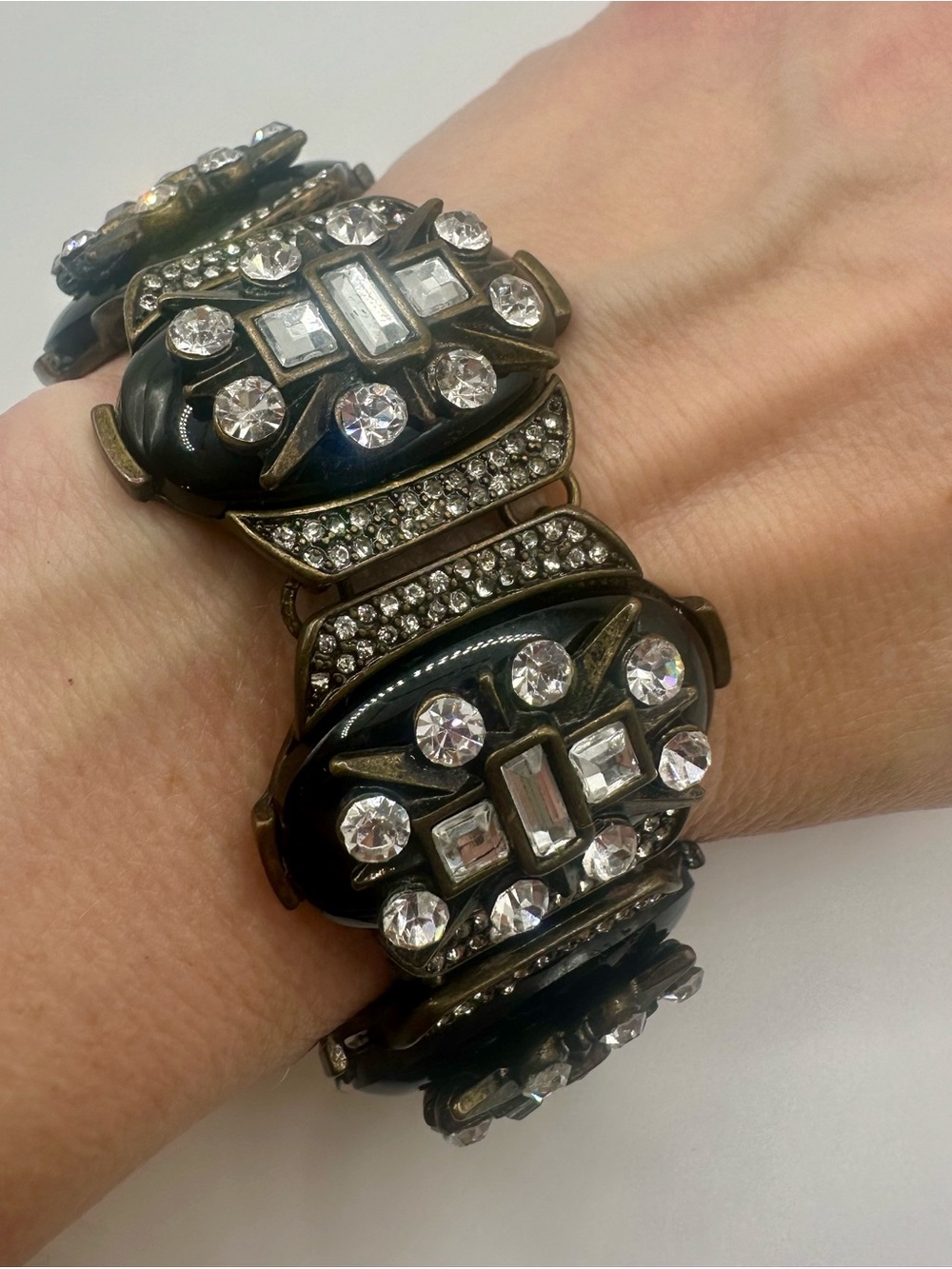 Vtg Art Deco Black Enamel Crystal Rhinestone Wide Link Bracelet Cabochon Panel